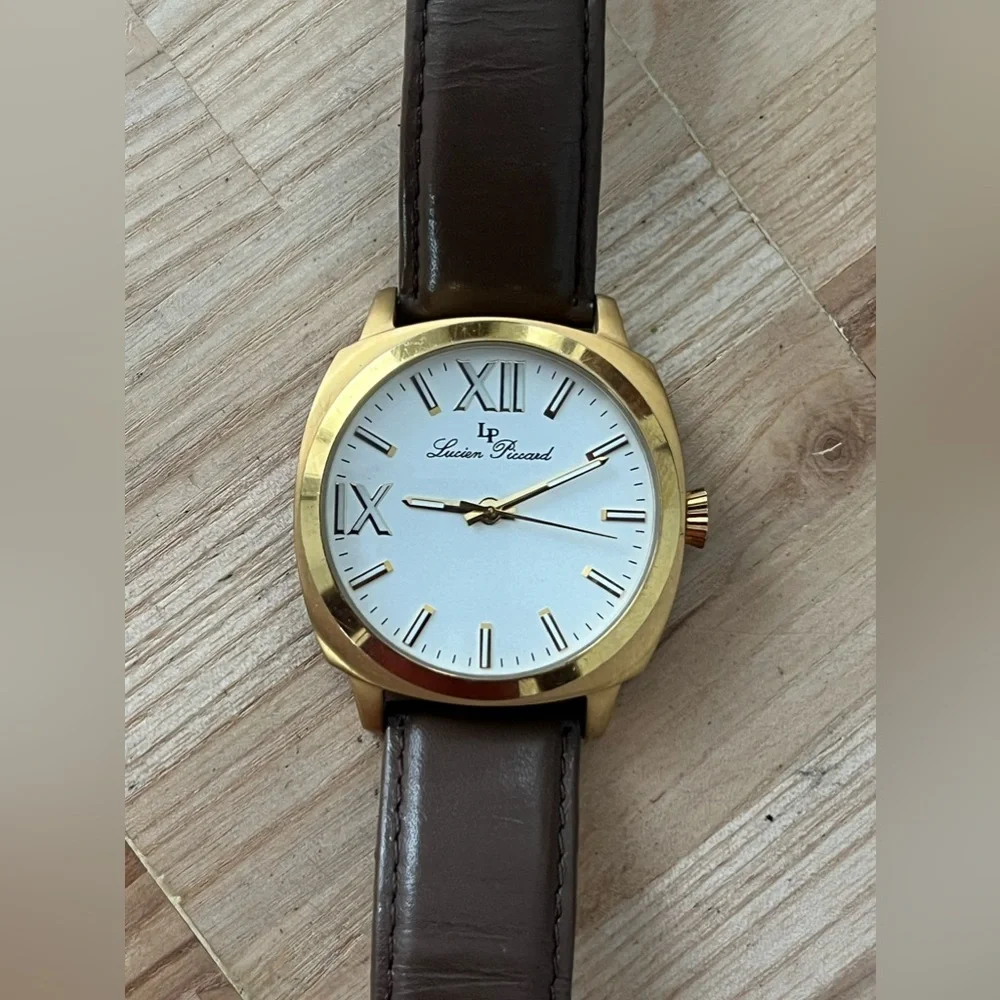 Lucien Piccard Luxury Large Gold-Tone Case Watch Brown Leather Strap White Dial